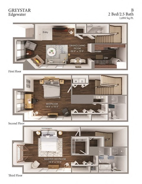 Floor plan for 2 beds, 2.5 baths, 1694 sqft